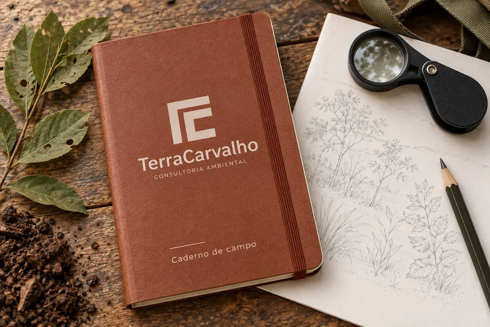 Caderno de campo TerraCarvalho, folhas e instrumentos de observação.