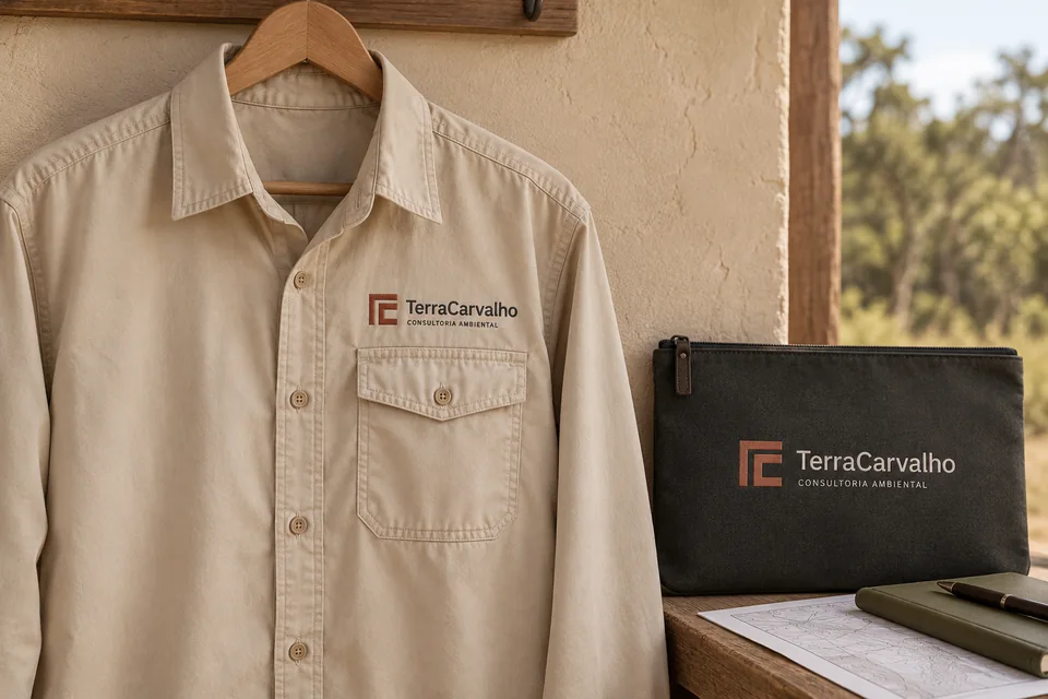 Camisa de campo e materiais com a identidade TerraCarvalho.