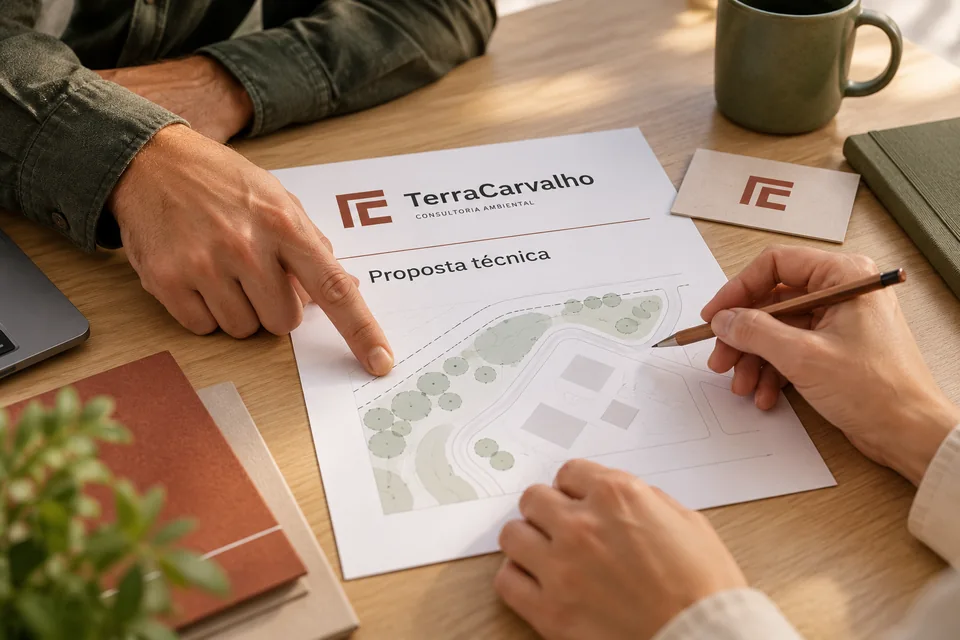 Proposta técnica TerraCarvalho sobre uma mesa, com duas pessoas apontando para o documento.