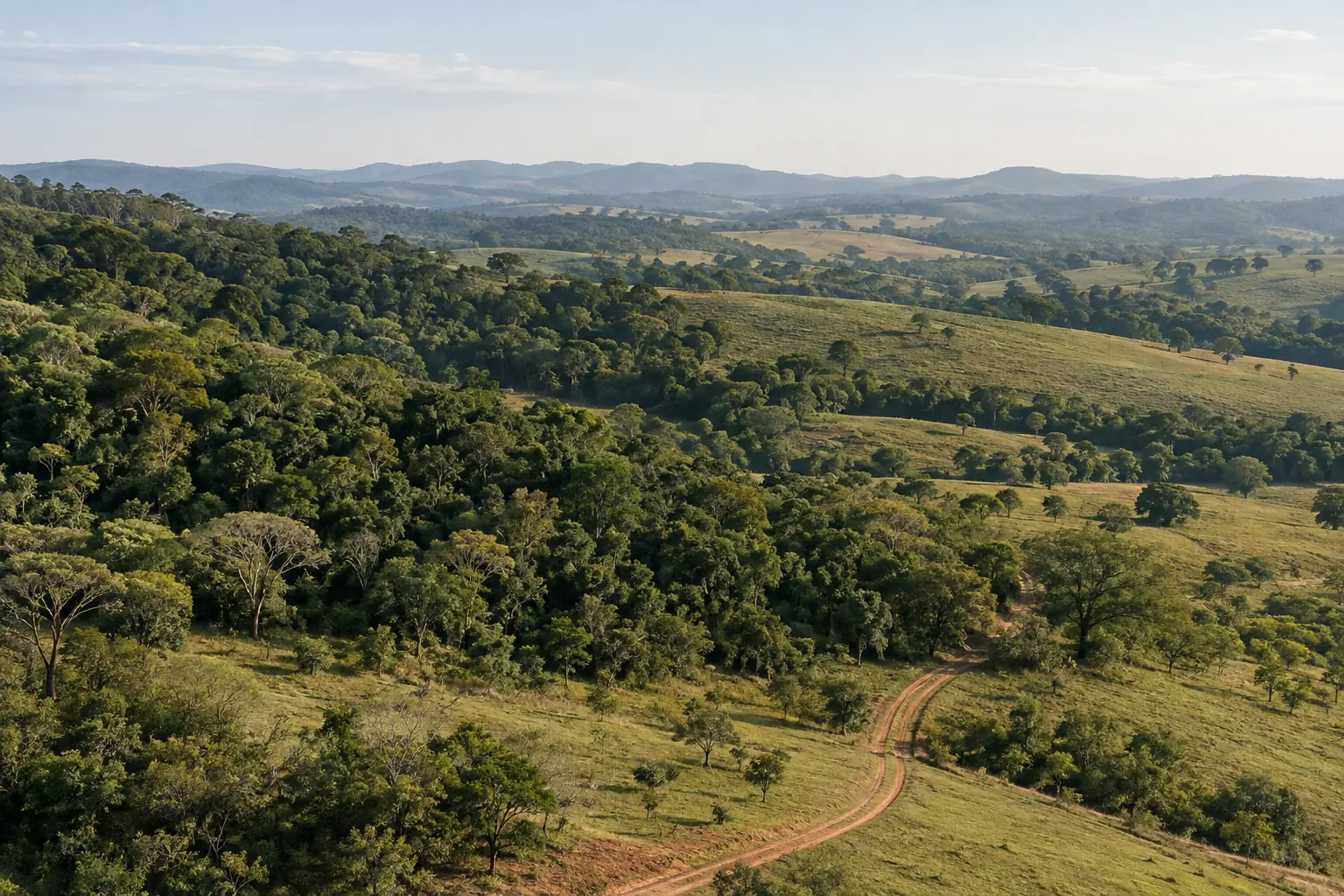 Paisagem com vegetação, campos e relevo.